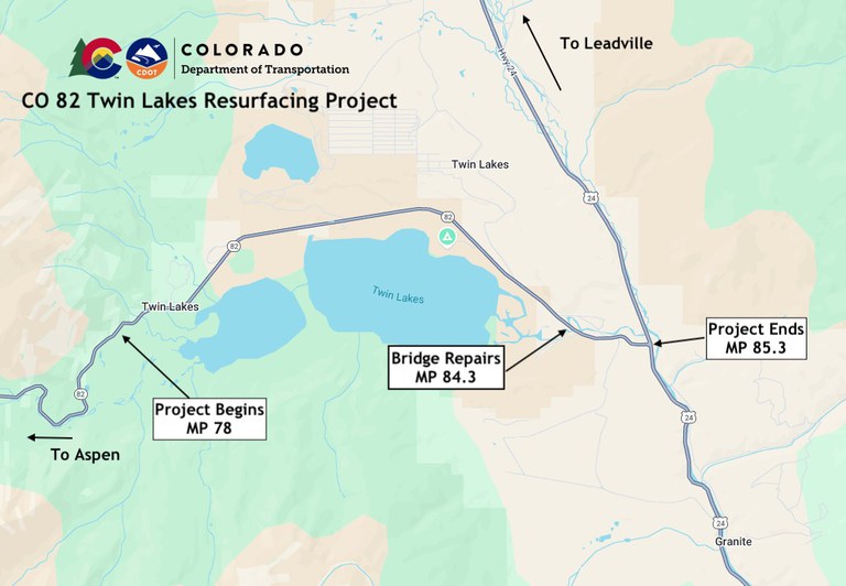 Map indicates locations for road resurfacing from MP 78 to MP 85.3 and bridge repair at MP 84.3. Map indicates locations for road resurfacing from MP 78 to MP 85.3 and bridge repair at MP 84.3.