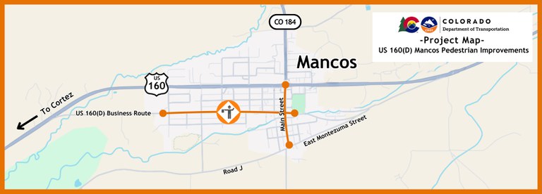 Project Map of the sidewalk improvements on Grand Avenue (US 160 Business Route) in Mancos. Project Map of the sidewalk improvements on Grand Avenue (US 160 Business Route) in Mancos.
