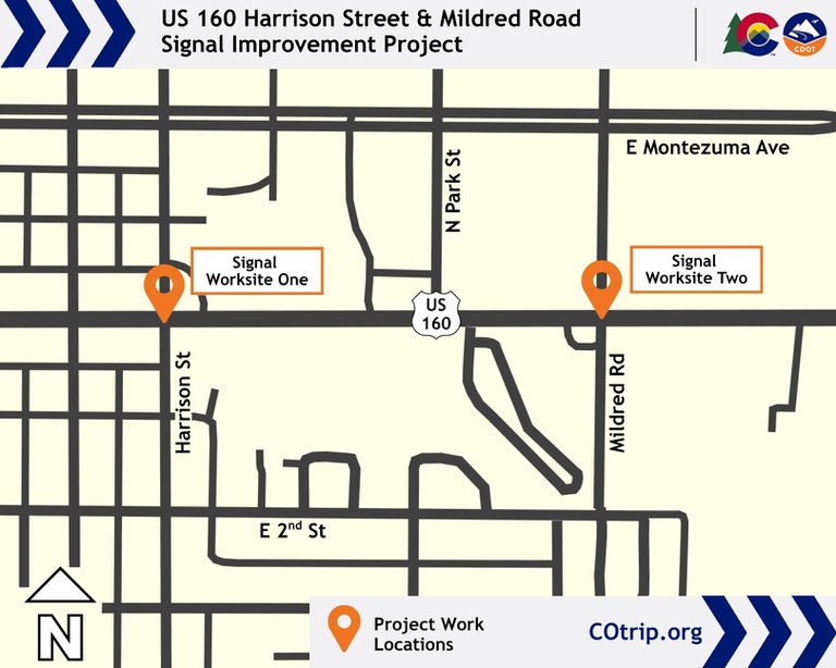 Map of project worksites in Cortez, US 160 MainStreet at Mildred Road and Harrison Street.