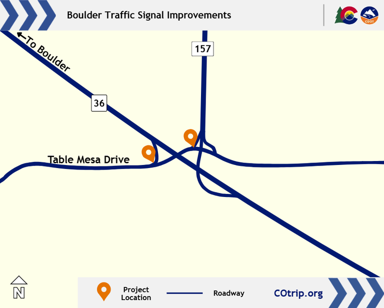 Map showing the project location on the southbound off-ramp of Colorado Highway 157 and the eastbound off-ramp ofUS Highway 36 to Table Mesa Drive.