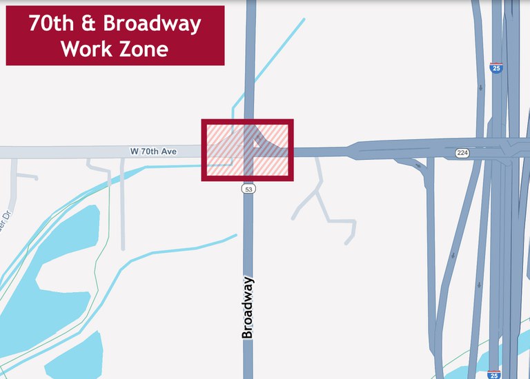 Map showing work zone at the intersection of 70th Avenue and Broadway.
