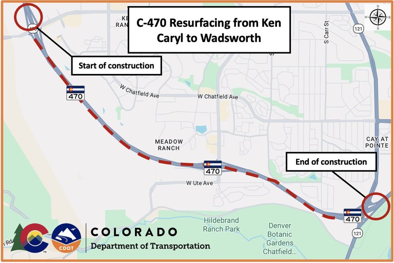 Project map showing the work zone spanning along CO 470 from Ken Caryl to Wadsworth
