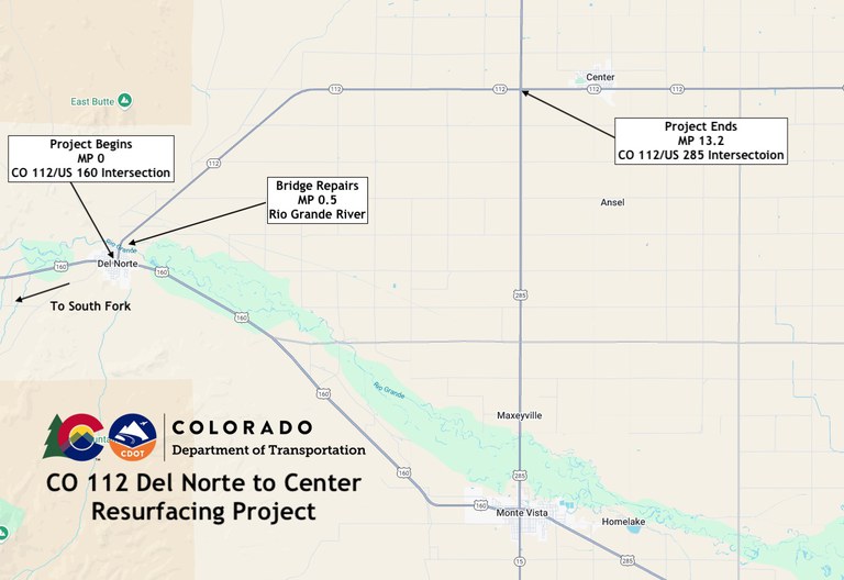 Project map of CO 112 Del Norte to US 285 junction resurfacing project in Rio Grande and Saguache Counties. Project map of CO 112 Del Norte to US 285 junction resurfacing project in Rio Grande and Saguache Counties.