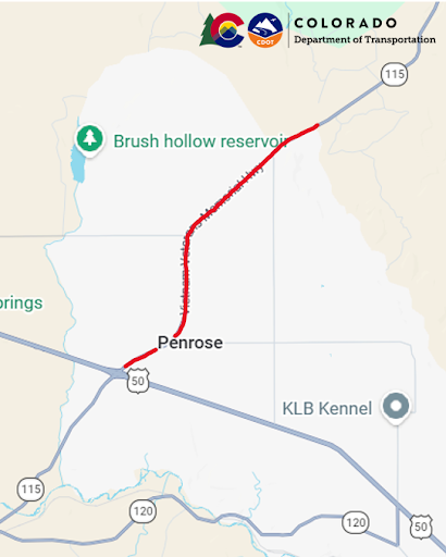 Maps showing the project location on CO Highway 115 from Mile Point 14 to MP 19.