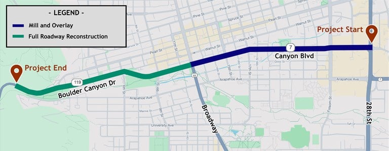 Map of CO 119 & CO 7 Resurfacing project location Map of project work zone from Boulder Canyon to 28th Street (MP 49.5 to 50.6 and MP 40.7 to 41.9)