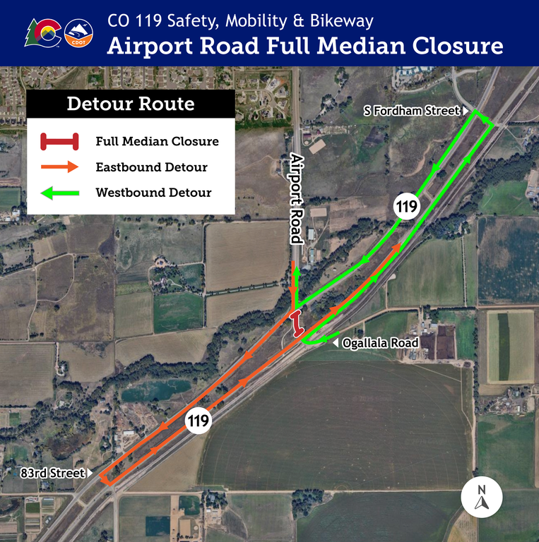 Map showing detours for full median closure of Airport Road on April 13.