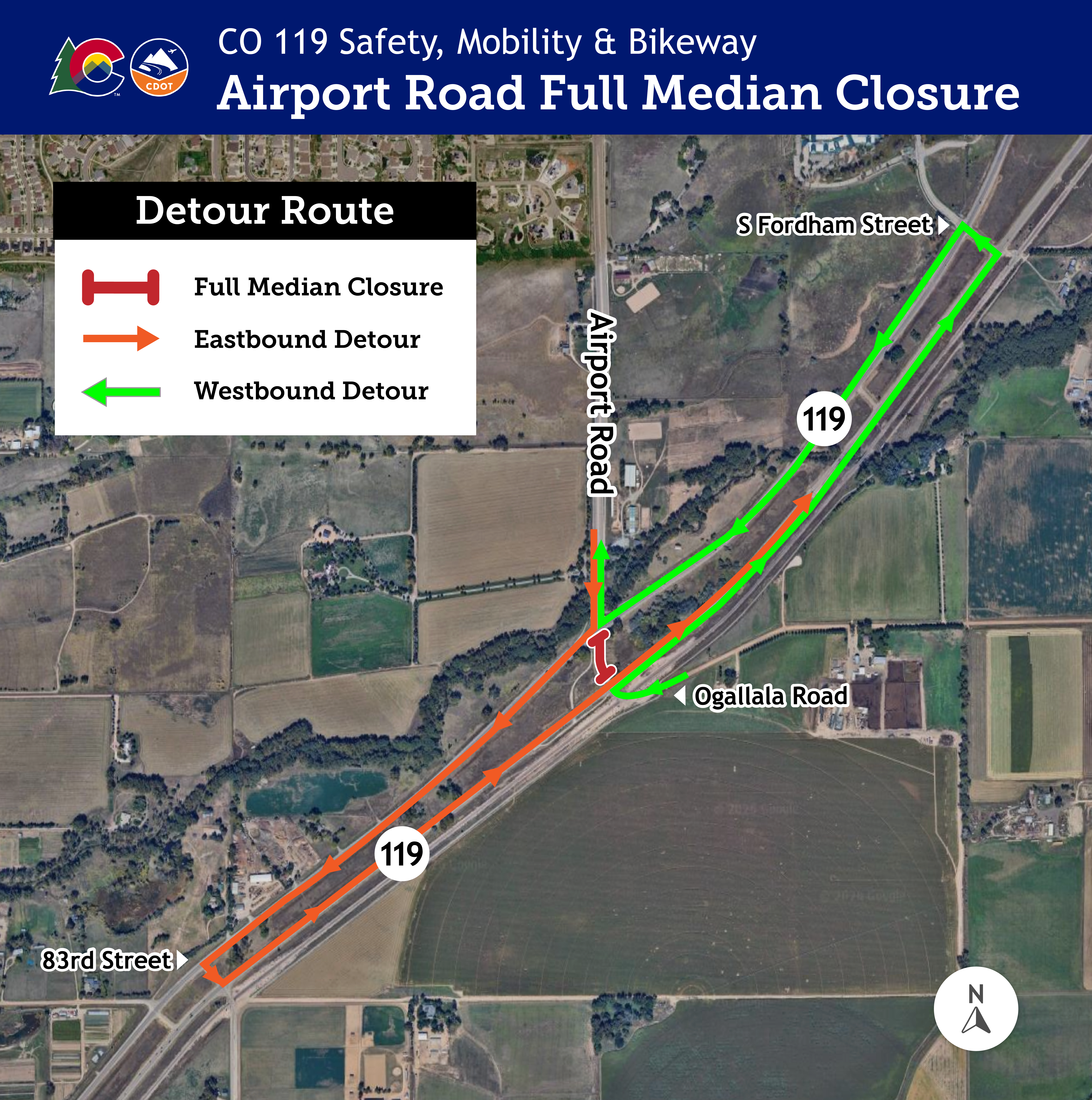 CO 119 Safety Mobility Airport Road Median closure detour map.png detail image