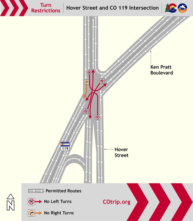 A map showing closures of all left turns and one right turn (from southbound Hover Street to southbound CO 119) at the Hover Street and CO 119 intersection.