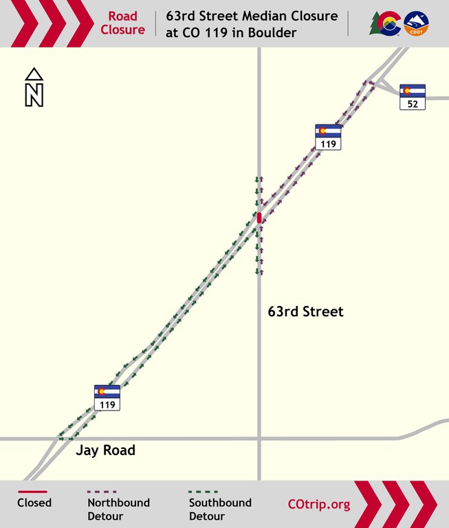 63rd Street closure detour map in Boulder. Detours are listed above.