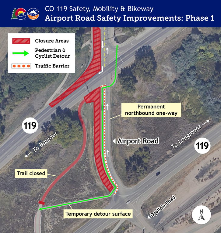 An aerial map showing Phase 1 of Airport Road safety improvements. Red hatched areas show a right lane and turn lane closure on southbound Airport Road just north of CO 119, and a lane closure in the Airport Road median between northbound and southbound CO 119. 