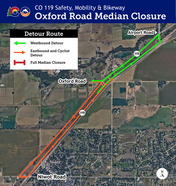 CO 119 Safety & Mobility Improvements Oxford Road Median Detour Map 04012026