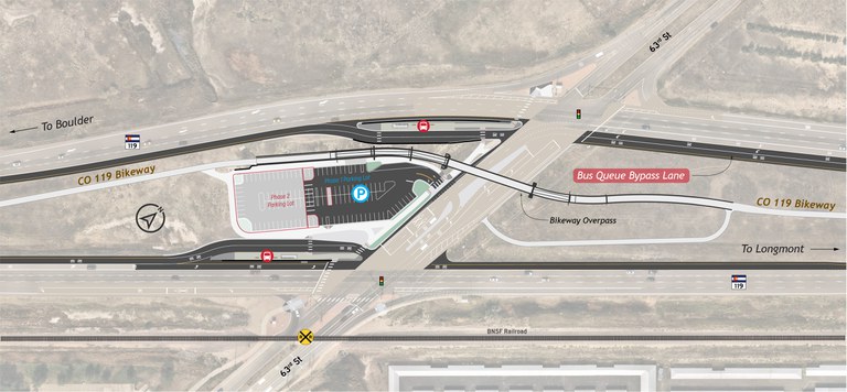 A schematic map of the intersection at 63rd Street and CO 119, detailing the layout and features of the area
