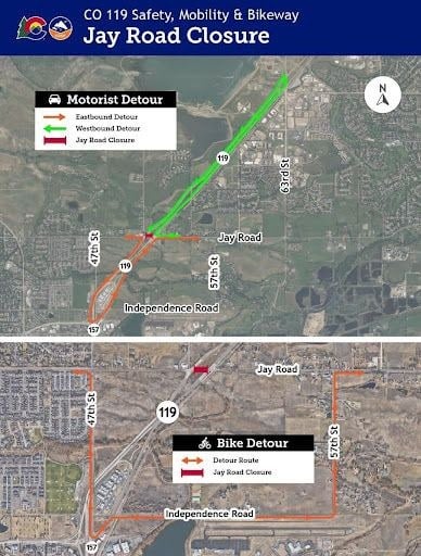 Map of Jay Road median closure and detour routes.