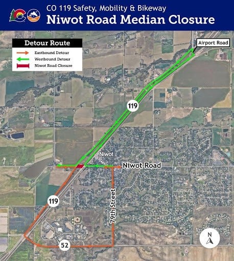 Map of Niwot Road median closure and detour route. Refer to Niwot Road Median Closure for details.