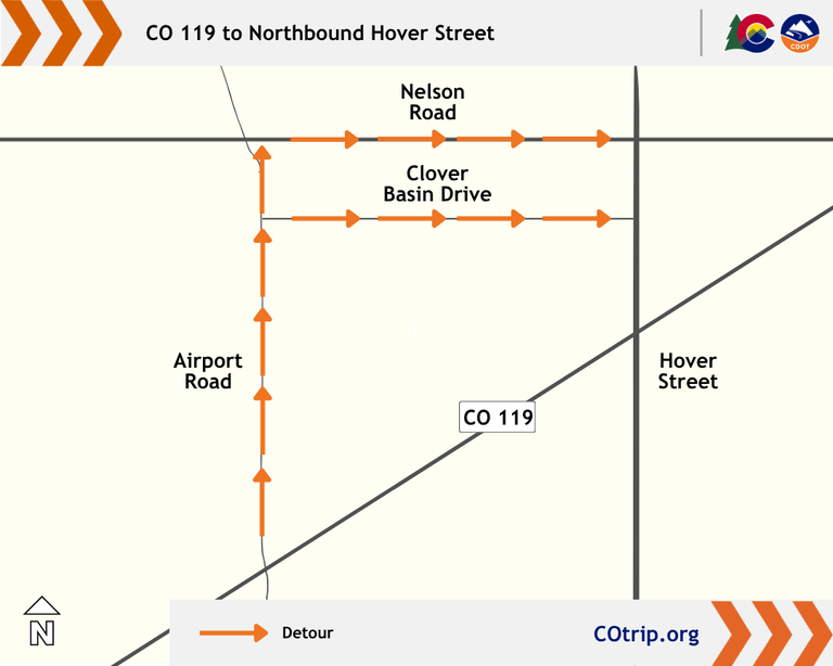 The map shows two of the routes drivers can take from CO 119 to northbound Hover Street in Longmont.