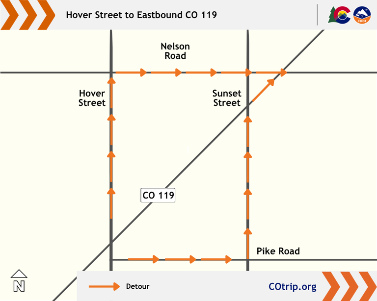 The map shows two of the routes drivers can take from Hover Street in Longmont to eastbound CO 119.