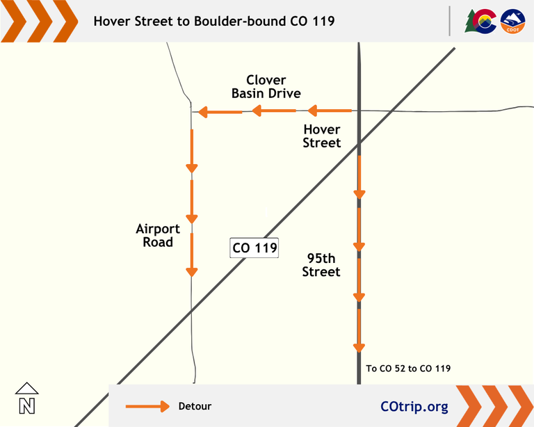 The map shows two of the alternative routes that can be taken from Hover Street to Boulder-bound CO 119.