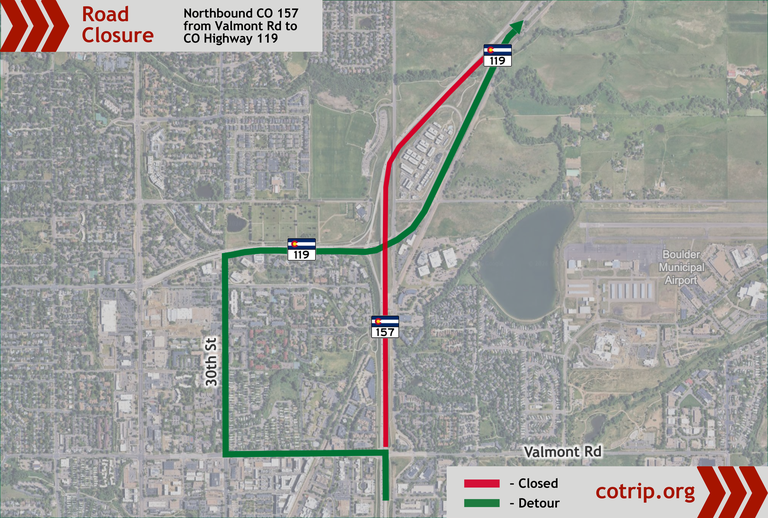 Map of the northbound road closure on CO 157 from Valmont Road to CO 119 with detour route.
