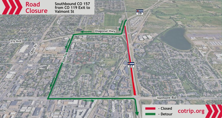 Map of the southbound road closure on CO 157 from the CO 119 (Diagonal Highway) exit to Valmont and associated detour route.