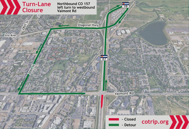 Map of northbound CO 157 to westbound Valmont Road turn-lane closure and associated detour route.