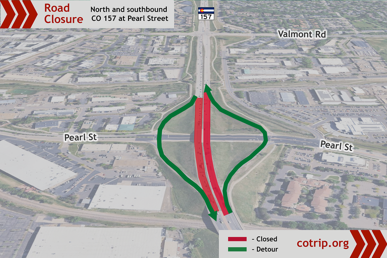 Map of the north and southbound road closures on CO 157 over Pearl Street and associated detour routes. 