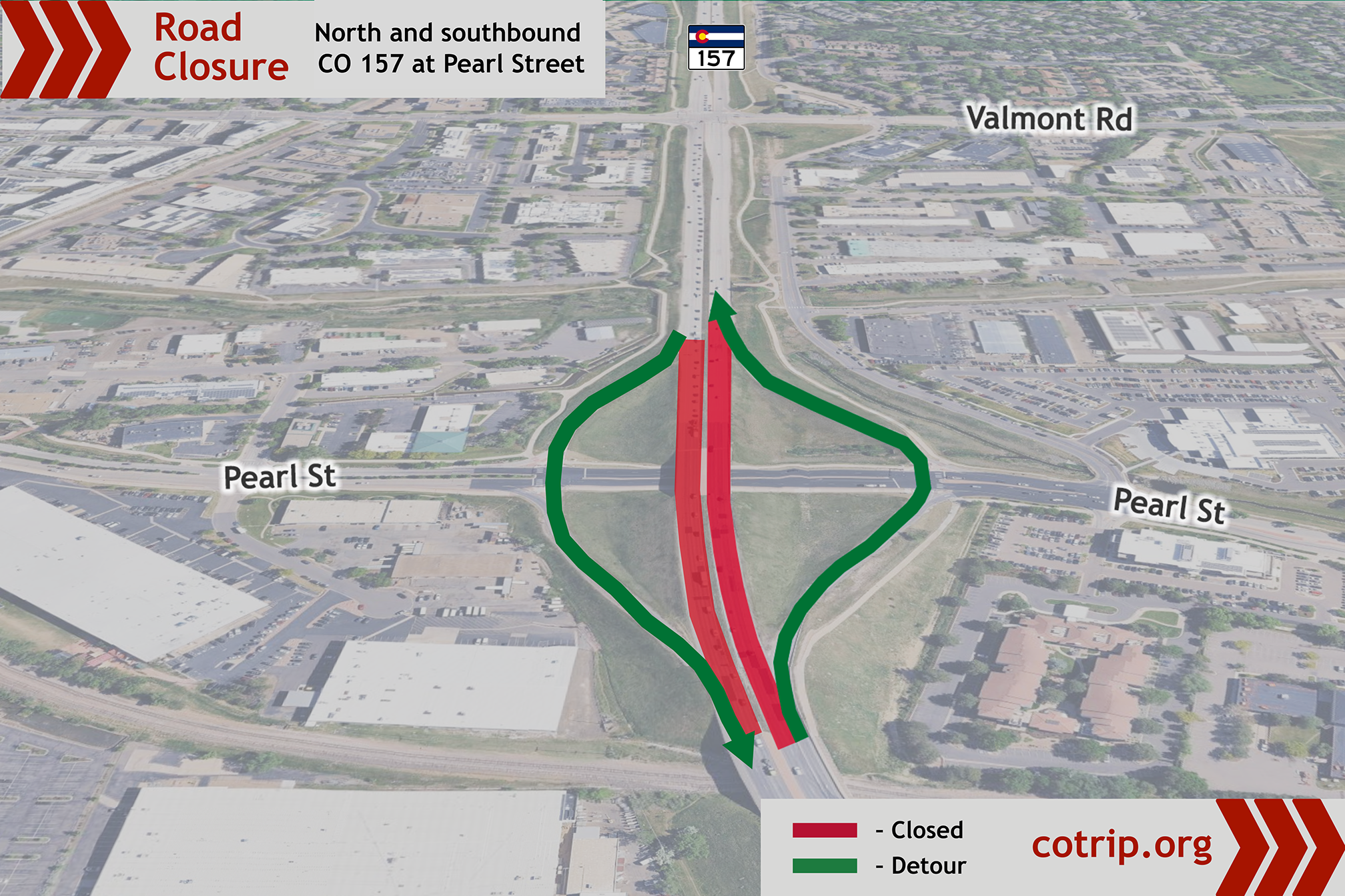 CO 157 Pavement Rehabilitation closure map over Pearl Street.png detail image