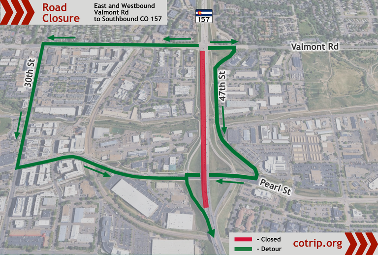 Map of southbound CO 157 closure with detour routes for east and westbound travelers on Valmont Road.