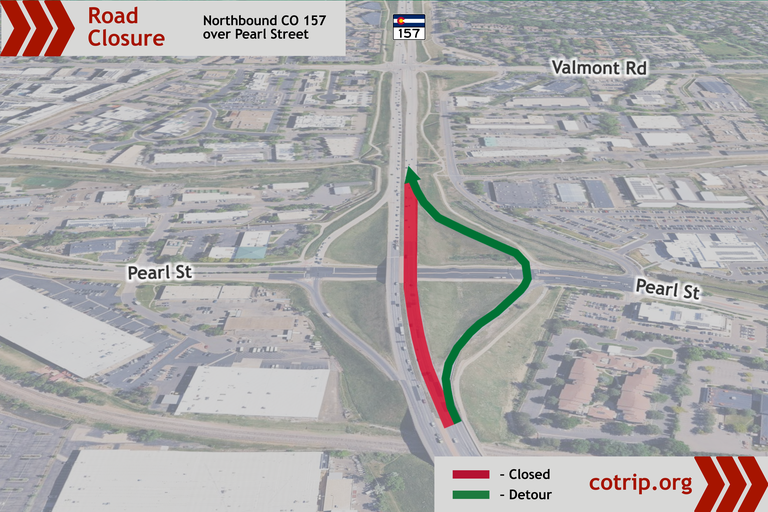 Map of the northbound road closure on CO 157 over Pearl Parkway and detour route.  