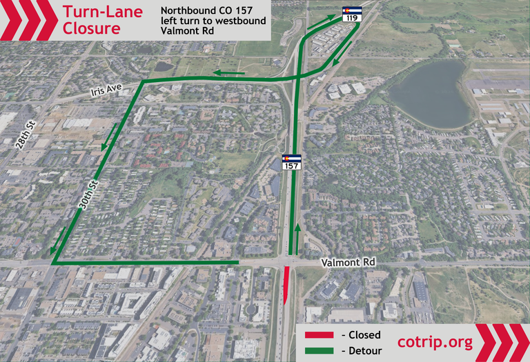 Map of northbound CO 157 to westbound Valmont Road left-turn lane closures and detour route.