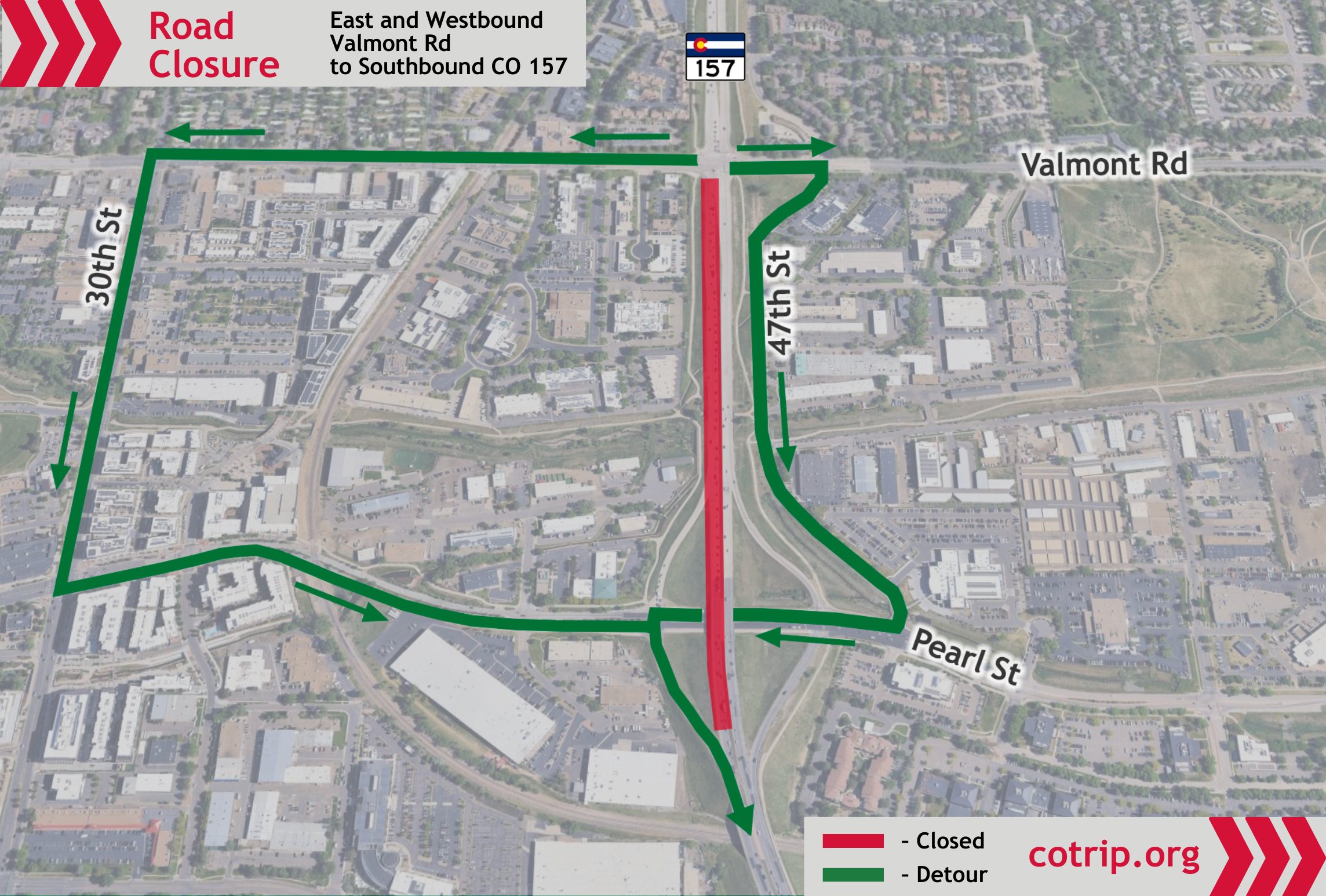 CO 157 Pavement Rehabilitation Detour Map southbound CO 157 closure east and westbound Valmont Road.png detail image
