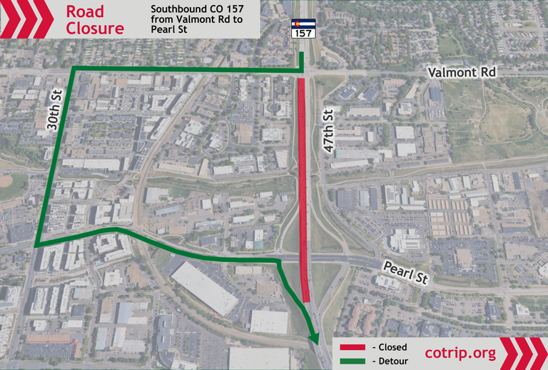 Map of the southbound CO 157 closure from Valmont Road to Pearl Street and detour route.