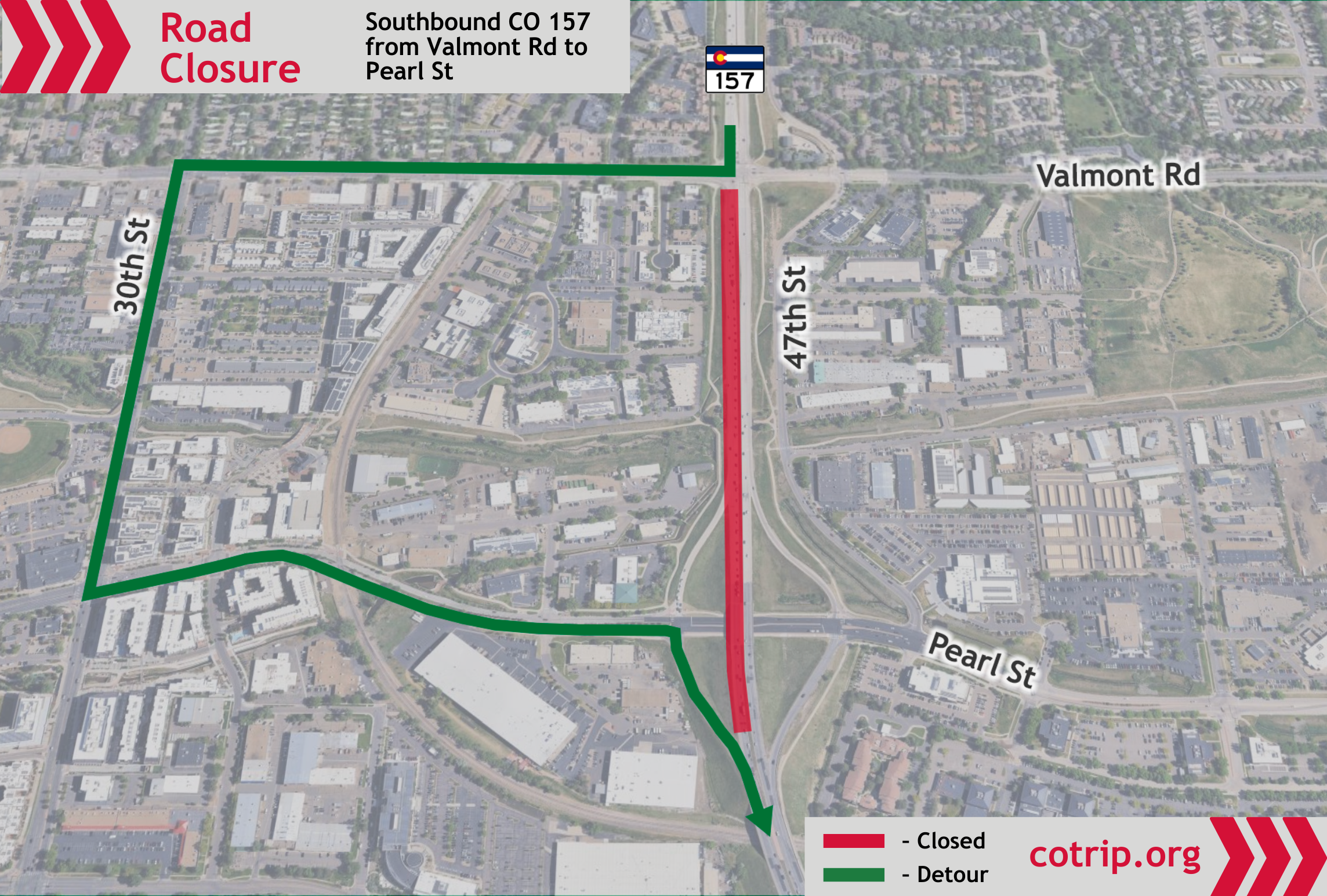 CO 157 Pavement Rehabilitation Detour Map southbound CO 157 closure from Valmont Road to Pearl Street..png detail image