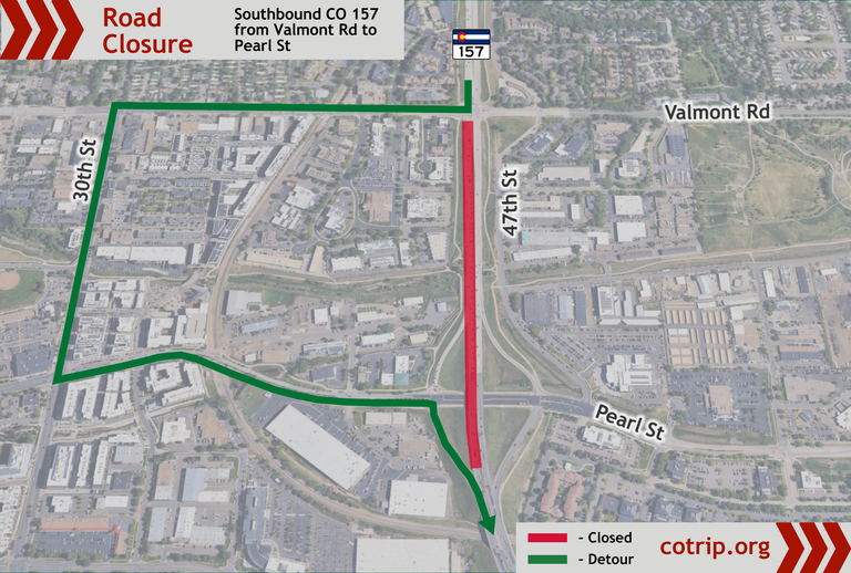 Map of the southbound road closure on CO 157 from Valmont Road to Pearl Street and detour route.