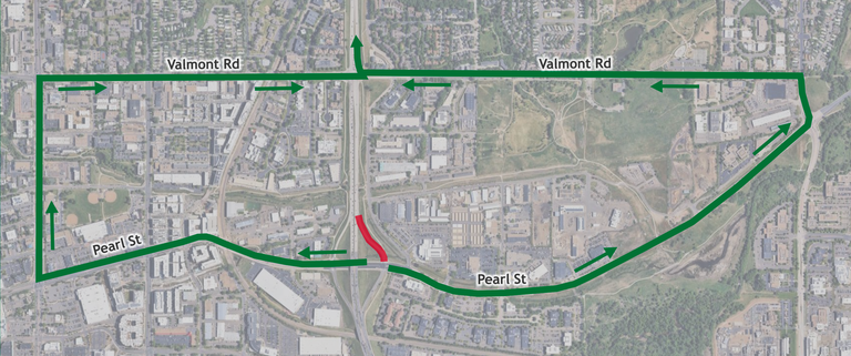 Map of the Pearl Street to northbound CO 157 on-ramp closure and detour routes.