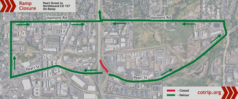 Map of the Pearl Street to northbound CO 157 on-ramp closure and detour route.