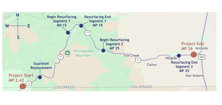 The project map shows the mile markers for the paving operation on CO 17