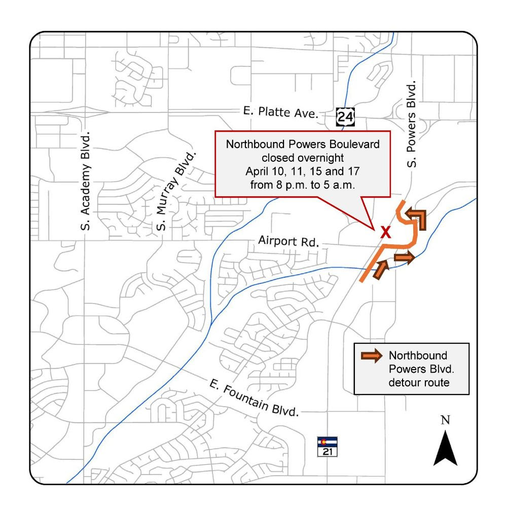 Closure and Detour Map of Northbound Powers Boulevard 04112025.jpg detail image