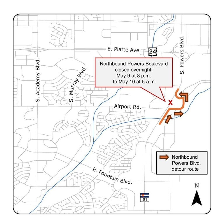Map of eastern Colorado Springs displaying detour route for the closure of northbound Powers Boulevard (Colorado Highway 21) at Airport Road Map of eastern Colorado Springs displaying detour route for the closure of southbound Powers Boulevard (Colorado Highway 21) at East Platte Avenue. Motorists will exit Powers Boulevard and head west on East Platte Avenue, south on South Academy Boulevard and east on Airport Road where they will reenter southbound Powers Boulevard.