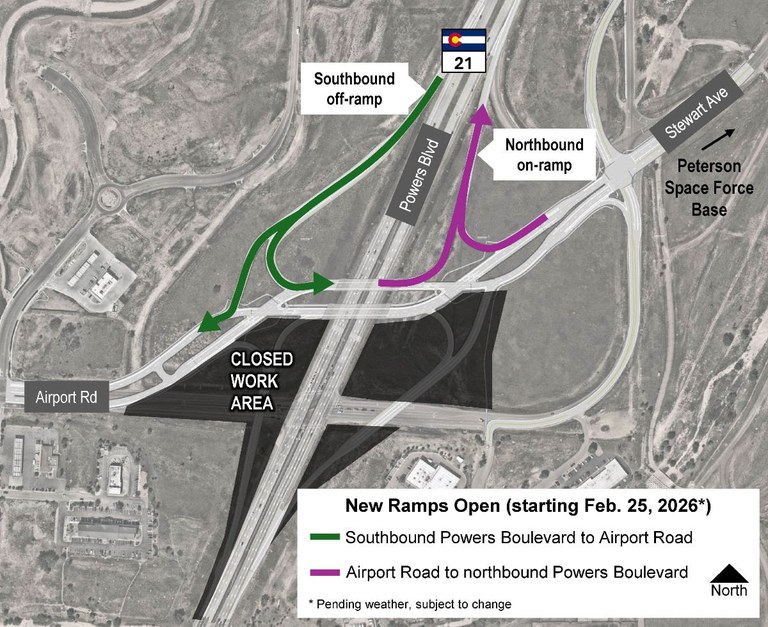 Map of new ramps opening at the Powers Boulevard and Airport Road DDI. The highlighted areas show the southbound Powers Boulevard off-ramp to Airport Road and the eastbound Airport Road ramp to northbound Powers Boulevard.