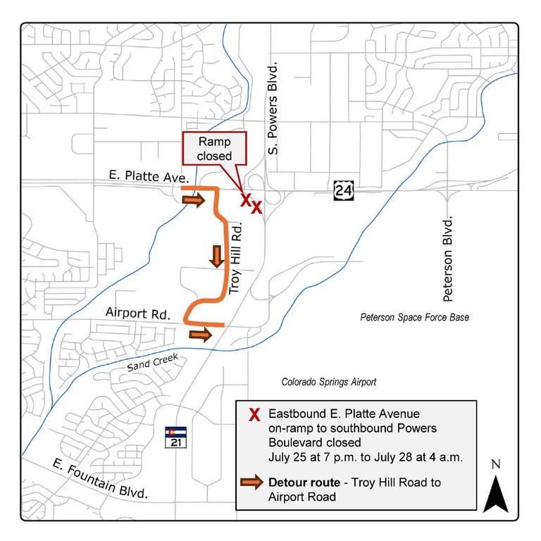 Map of Eastern Colorado Springs at East Platte Avenue and Powers Boulevard. Detour route for eastbound East Platte Avenue on-ramp to southbound Powers Boulevard via Troy Hill Road to Airport Road.