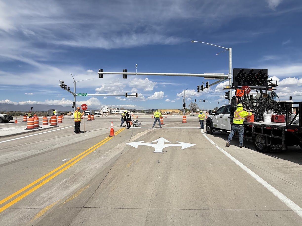 CO 21 Powers Boulevard and Airport Road Interchange Airport Road and Stewart Avenue lane striping April 2026.jpg detail image