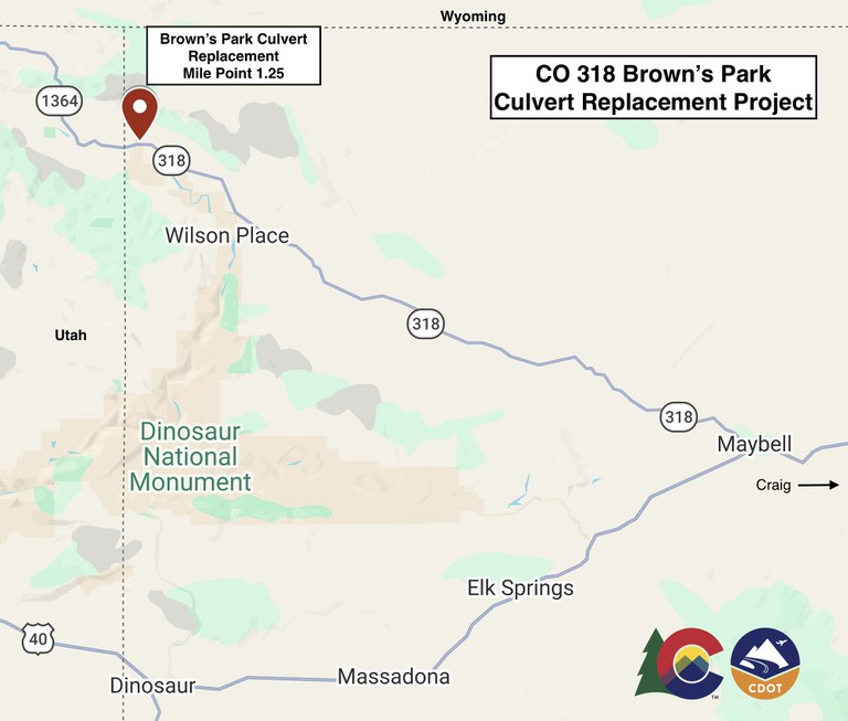 CO 318 Browns Park Culvert Project map located at mile point 1.25, just east of the Utah border with Colorado in Northwest Colorado