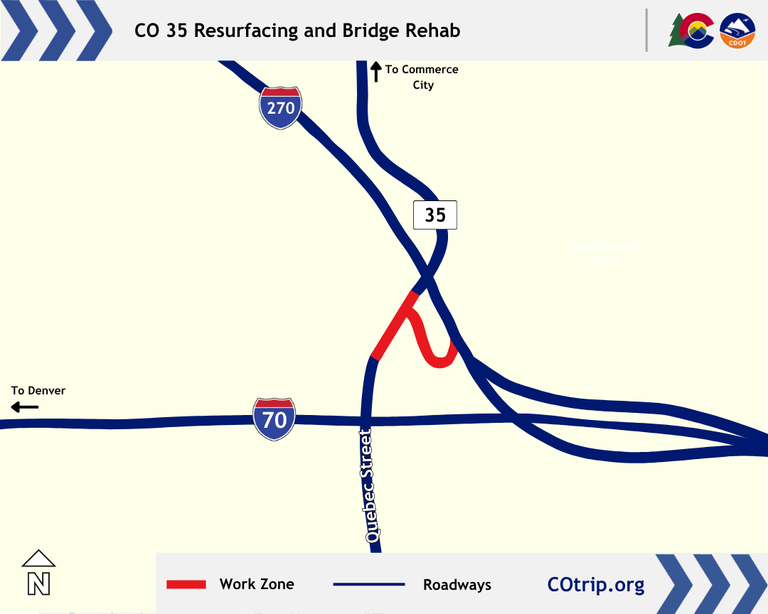 Map showing the work zone on CO 35 and the off ramp of I-270.