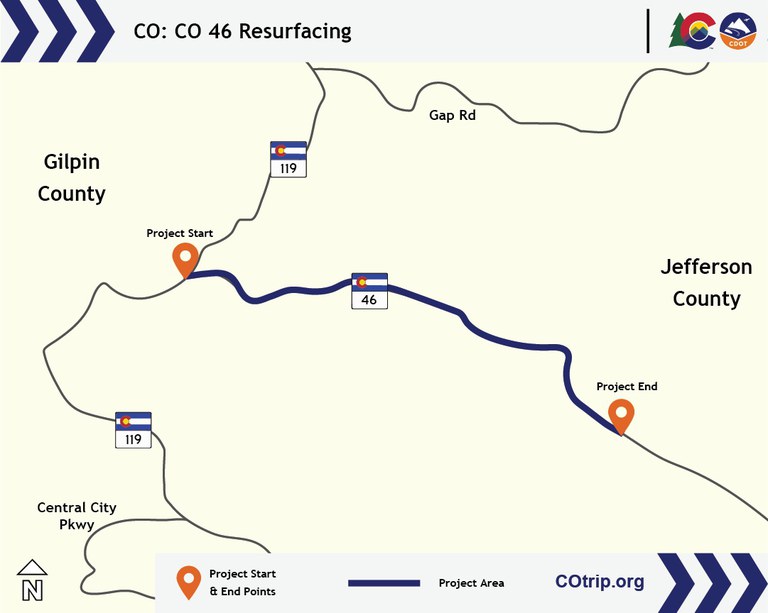 Map of location and limits of construction of the Colorado Highway 46 Resurfacing project in Gilpin and Jefferson County.
