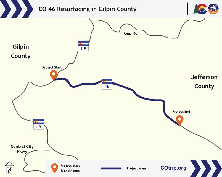 Map of location and limits of construction of the Colorado Highway 46 Resurfacing project in Gilpin and Jefferson County.
