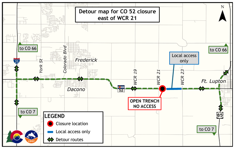 Detour map for CO 52 closure east of WCR 21 from June 12 to 15, 2026