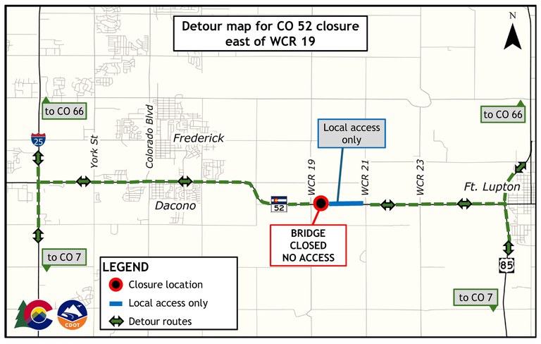 This map shows the detours for the night closures of CO 52 east of WCR 19.