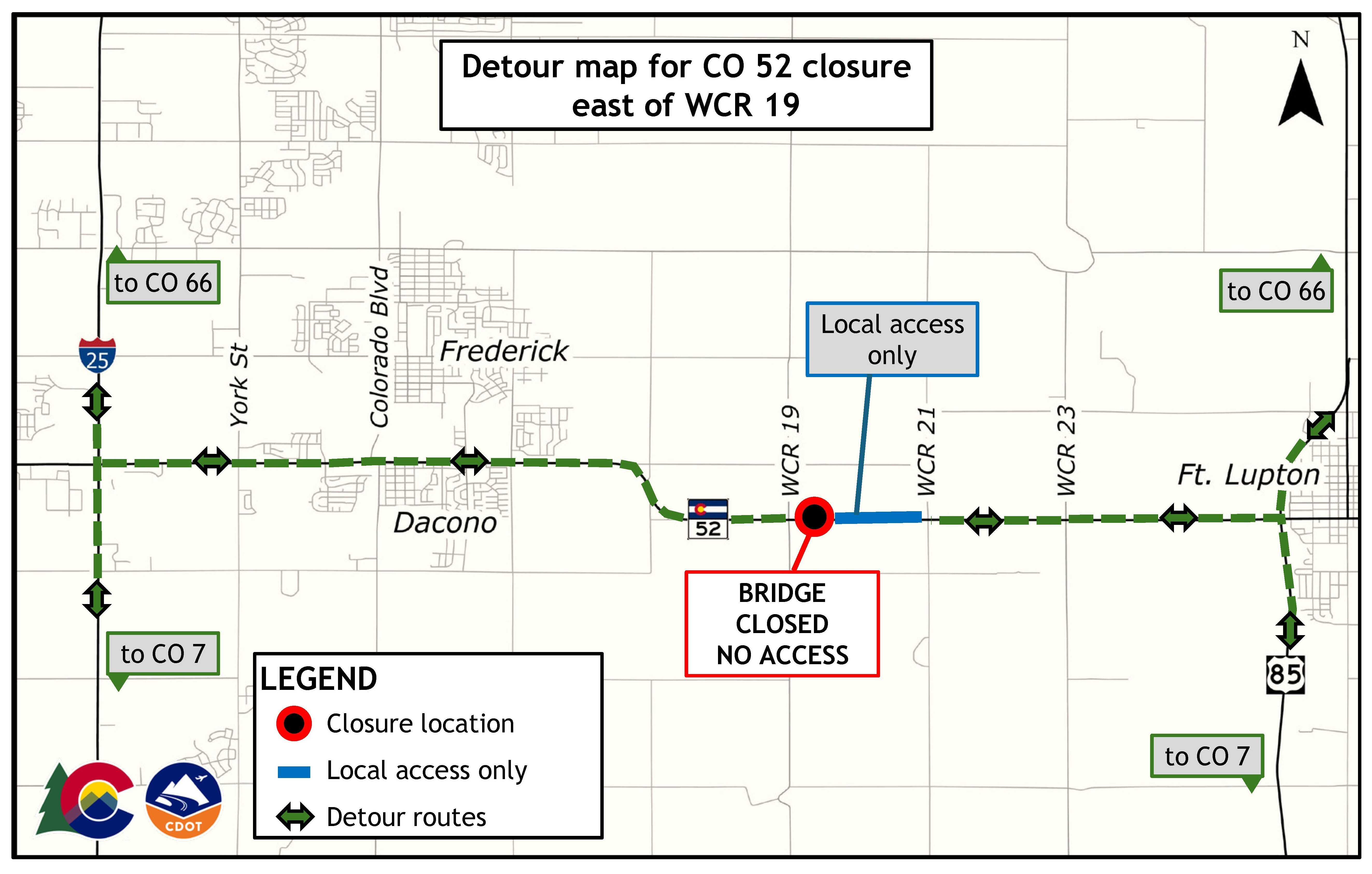 CO 52 Resurfacing Between I-25 and US 85 Detour map for CO 52 night closure east of WCR 19.jpg detail image
