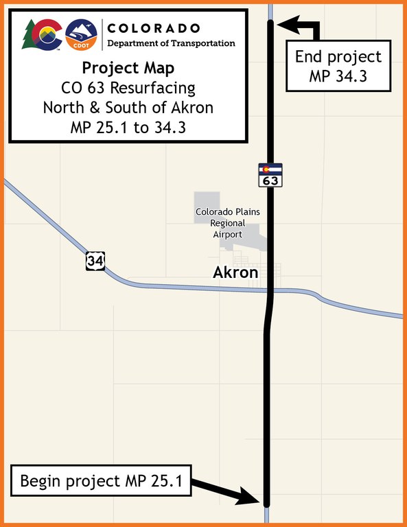 Map of CO 63 through Akron showing limits of resurfacing project between Mile Points 25.1 and 34.3 Map of CO 63 through Akron showing limits of resurfacing project between Mile Points 25.1 and 34.3