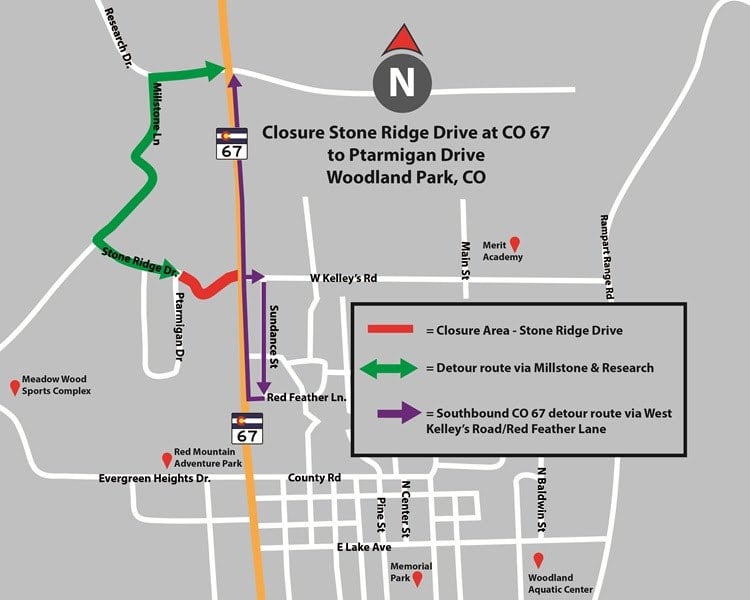 Location of closure of Stone Ridge Drive in Woodland Park from the CO 67 intersection to Ptarmigan Drive and recommended detour routes Location of closure of Stone Ridge Drive in Woodland Park from the CO 67 intersection to Ptarmigan Drive and recommended detour routes